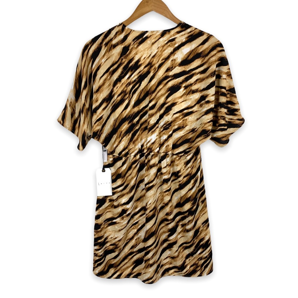 Leith Tan Black Dale Tigress Tiger Print V-Neck Short Sleeve Mini Dress Small - Picture 3 of 8